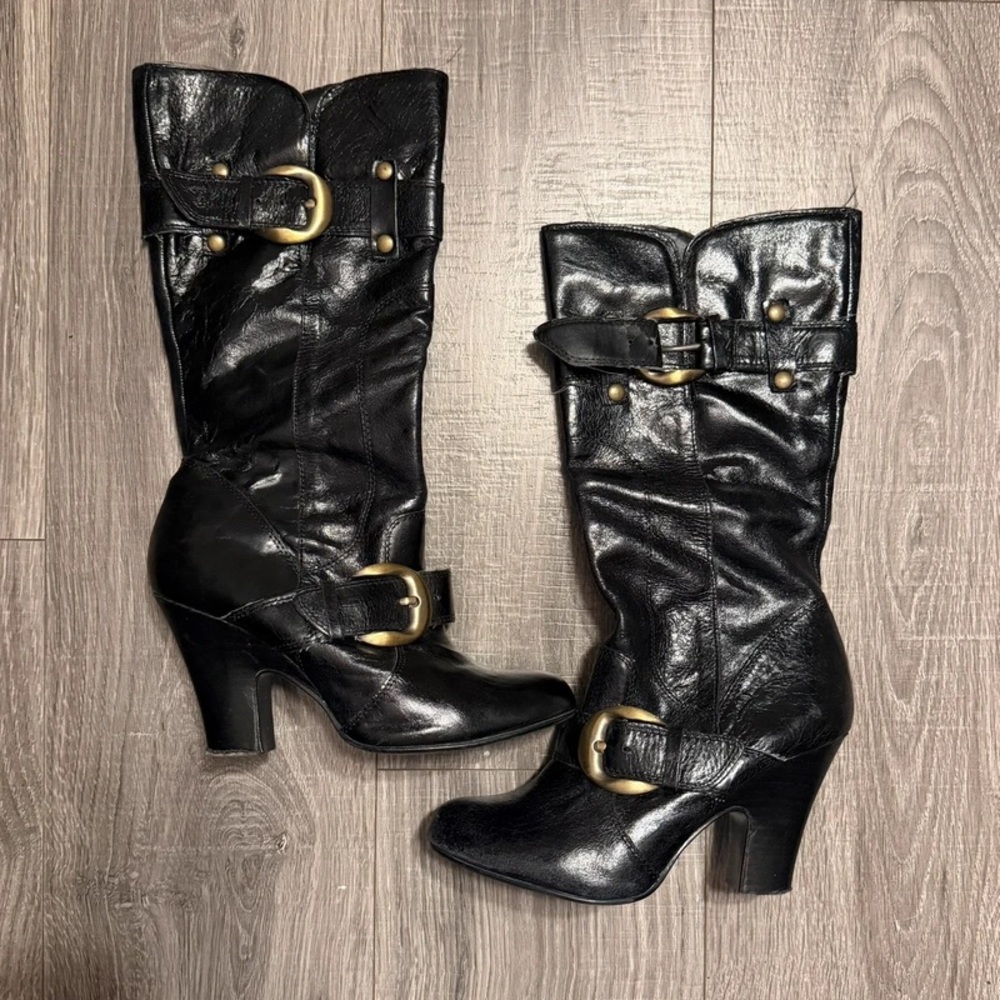 Black Leather Mid-Calf Heeled Boots with Gold Buckle Accents
